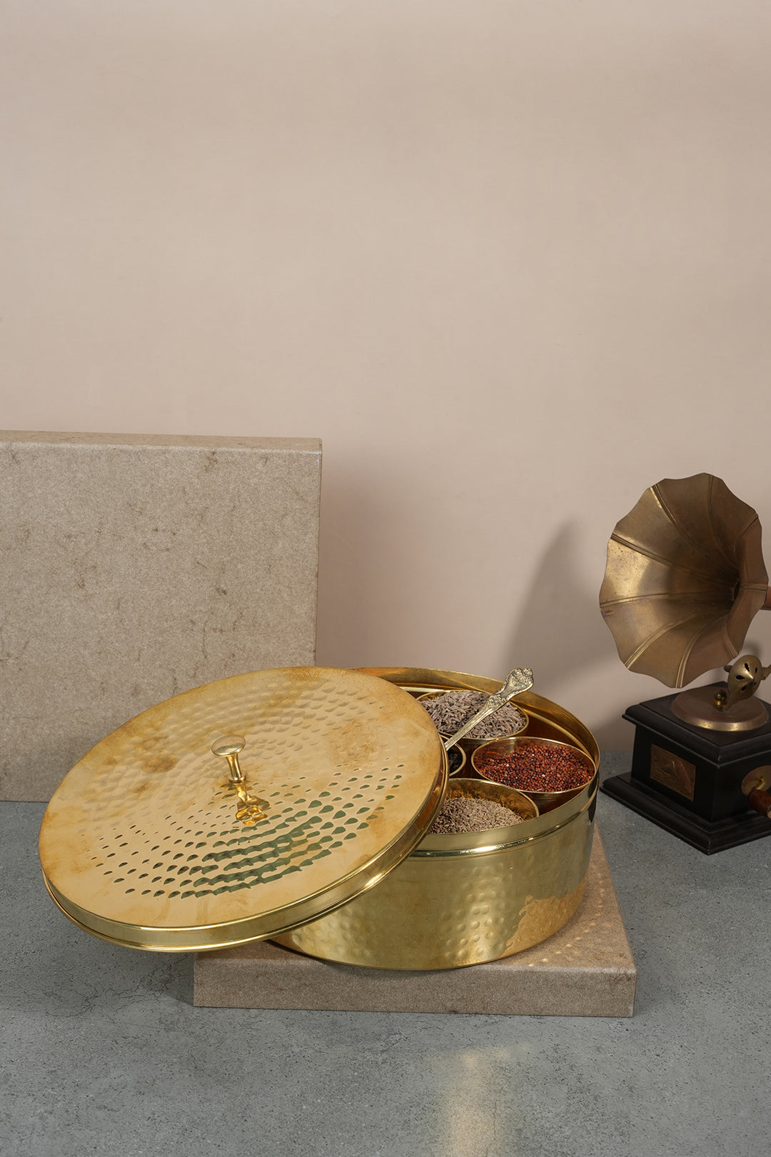 Brass Masala Daani with brass spoon