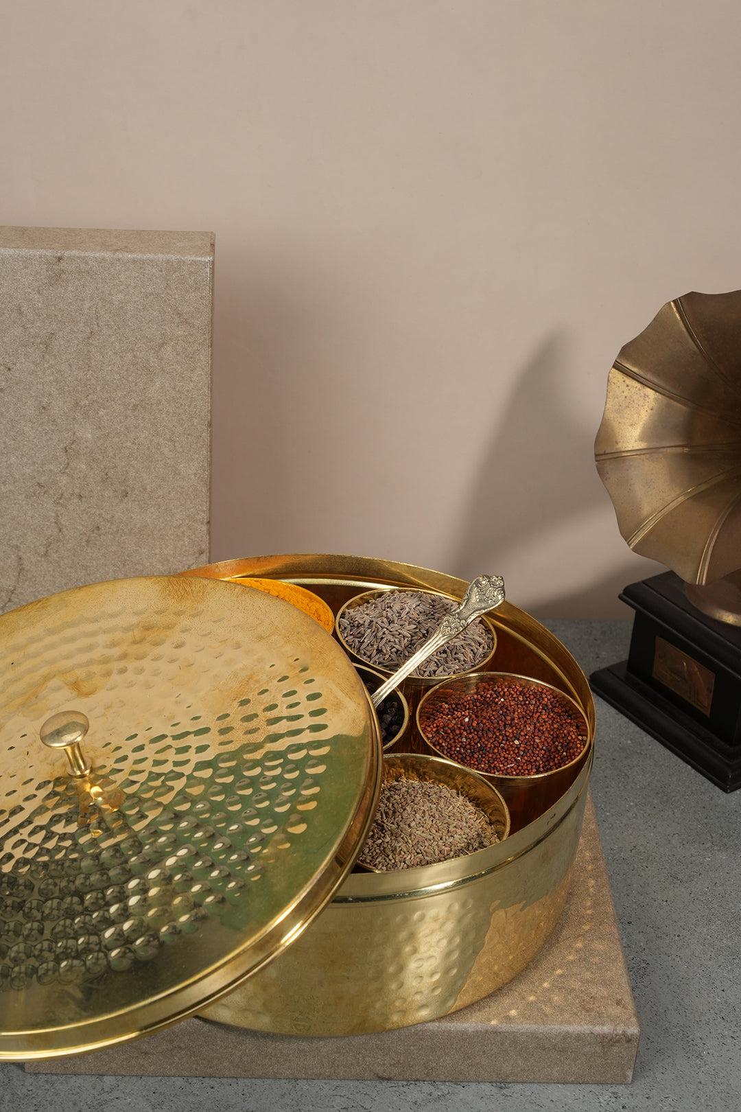 Brass Masala Daani open view showing spice compartments