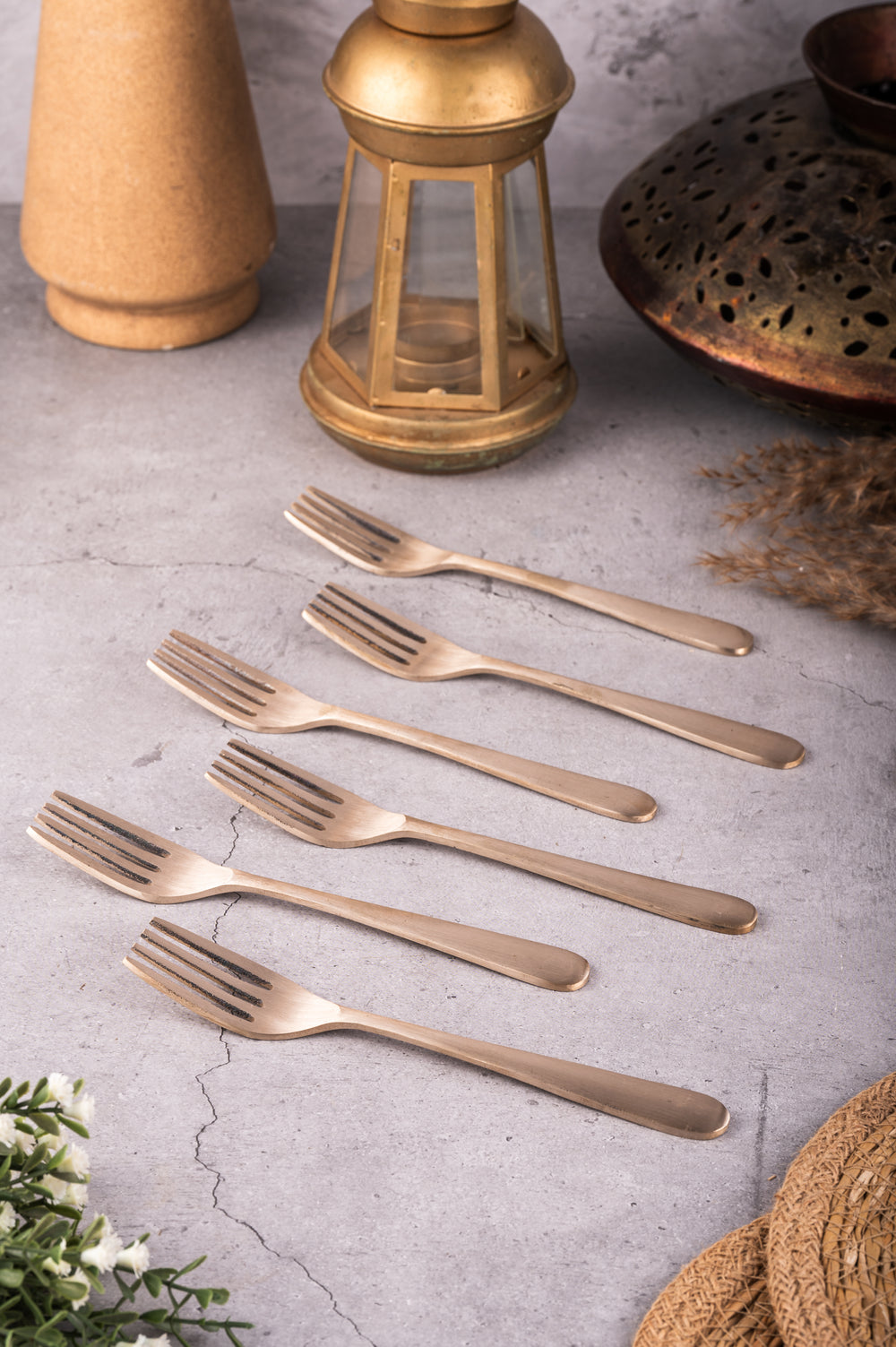 Bronze Fork Set / Cutlery Set – 6 Piece displayed on a table, showcasing handcrafted design and elegant finish.
