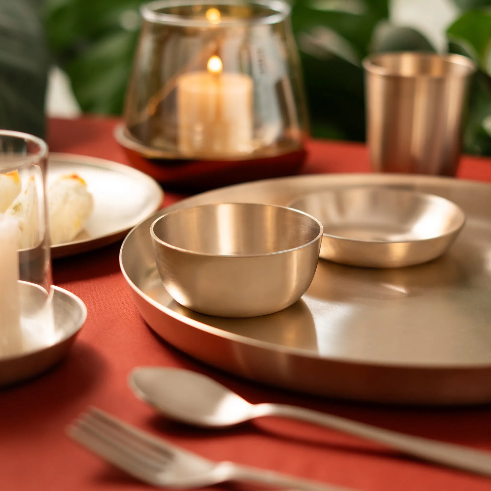 Kansawala bronze thali set ayurvedic dining 10 casting, matte finish