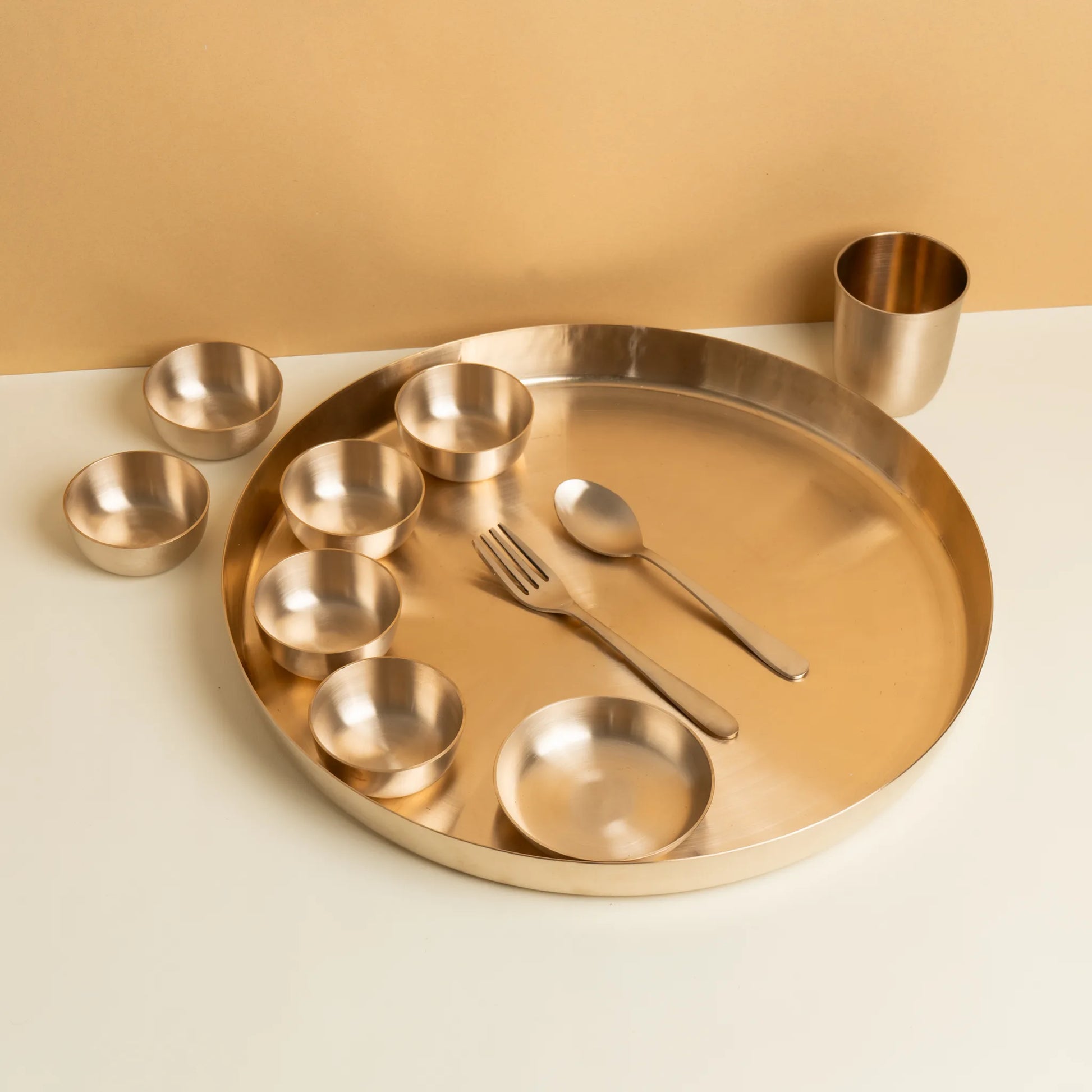 Kansa Maharaja Thali Set in matte bronze, full setting by Kansawala