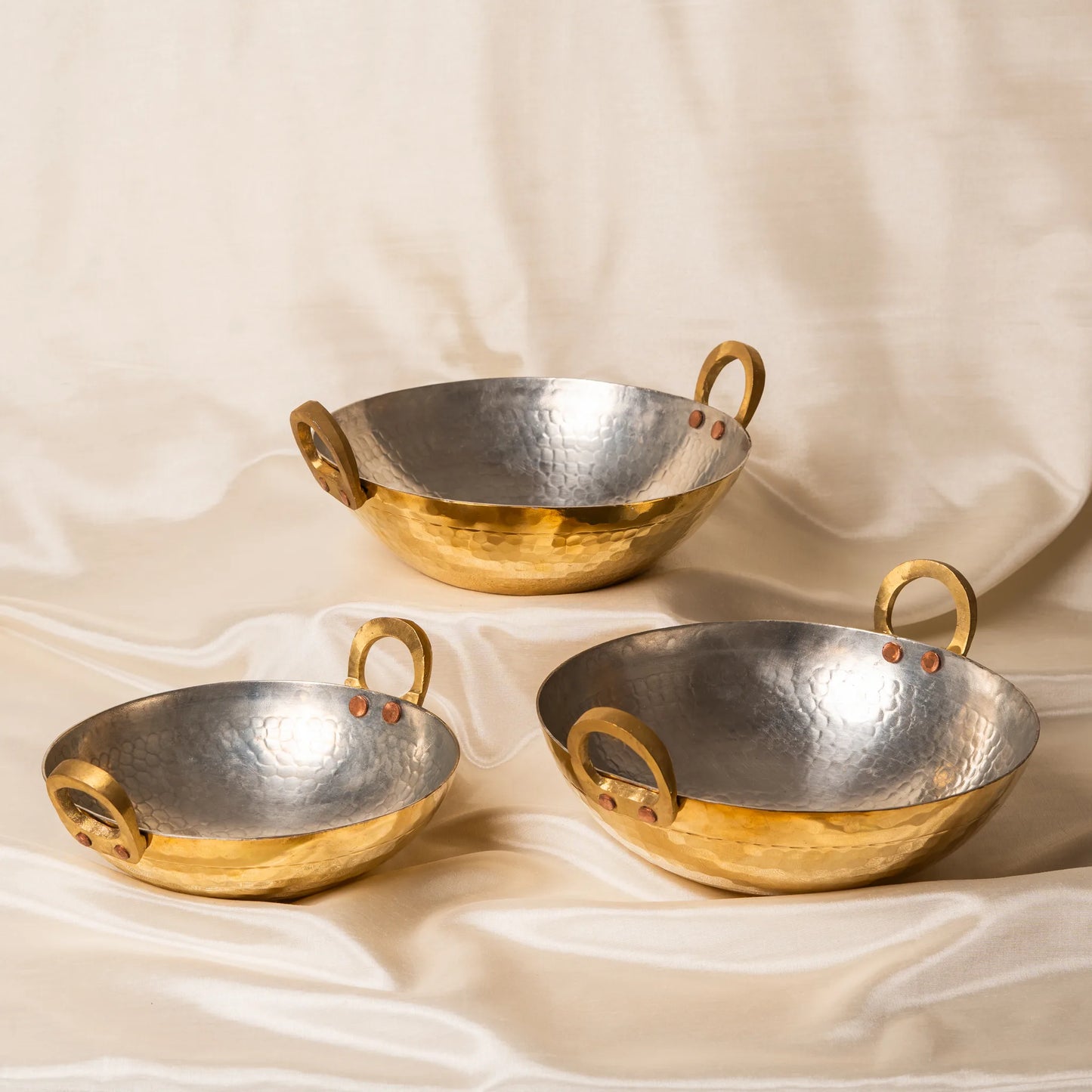 Kansawala brass kadhais set 1 l and 3l round base 3l flat base