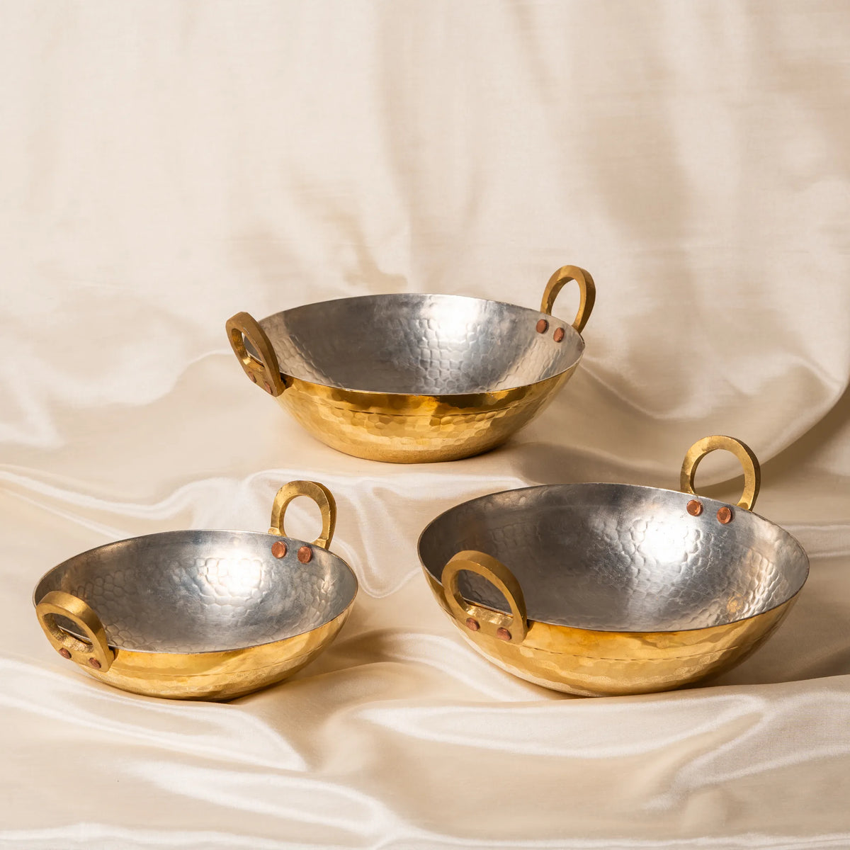 Kansawala brass kadhais set 1 l and 3l round base 3l flat base