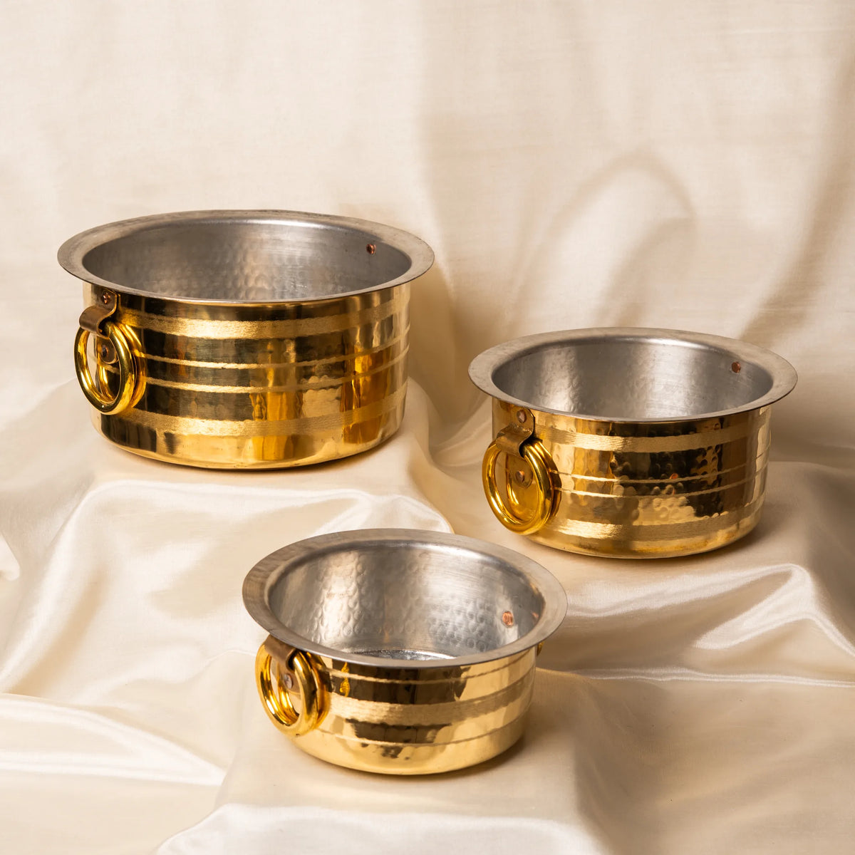 Kansawala set of 3 brass patilas 1l 3l 5l