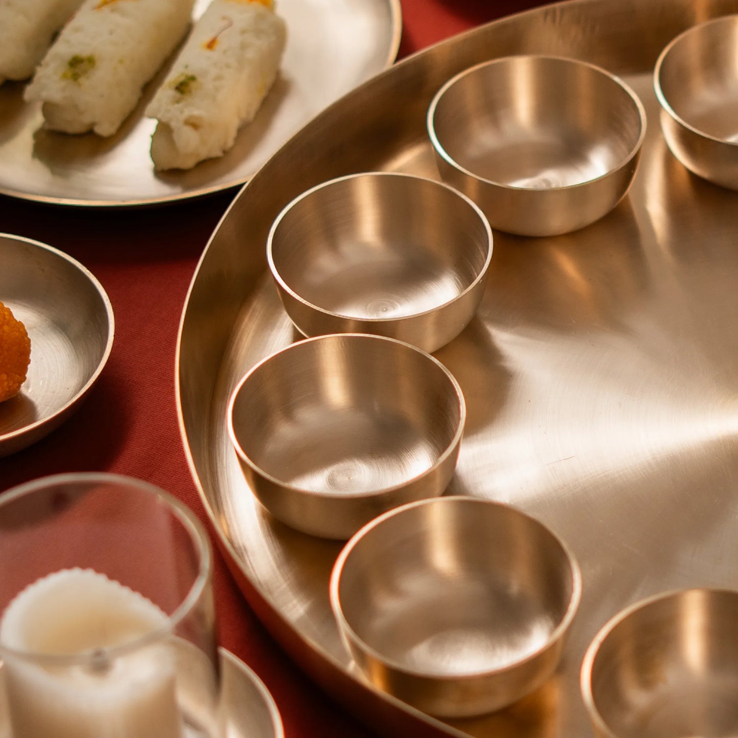Kansa Maharaja Thali Set in matte bronze, top view by Kansawala