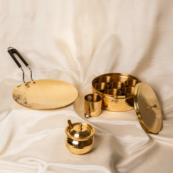 Brass ghee pot, paraat and masala daani set by Kansawala